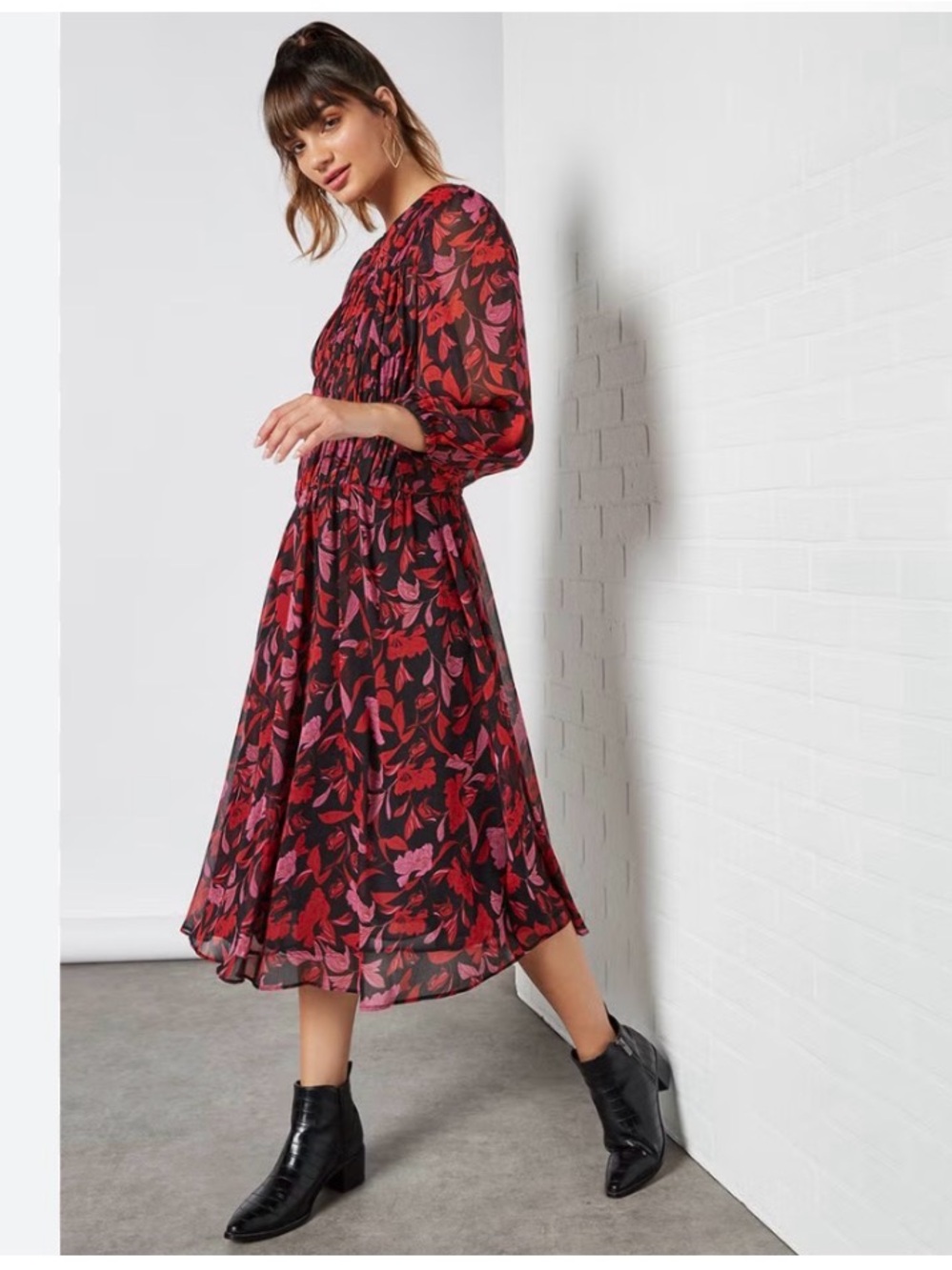 Mango Red and Pink Floral Midi Dress